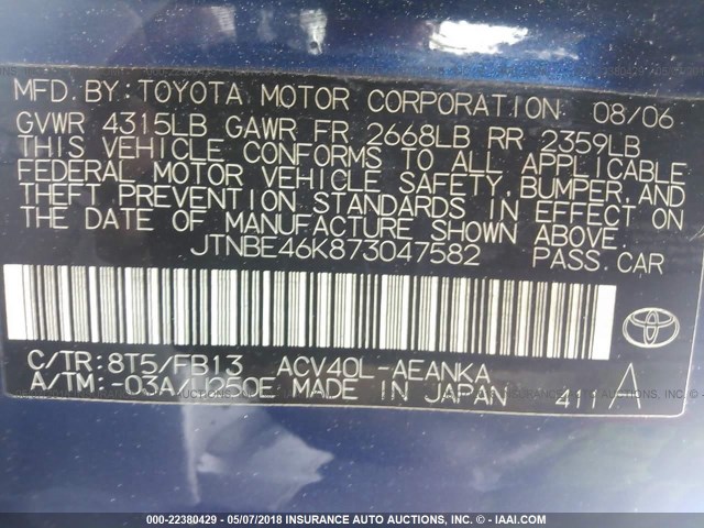 JTNBE46K873047582 - 2007 TOYOTA CAMRY NEW GENERAT CE/LE/XLE/SE BLUE photo 9