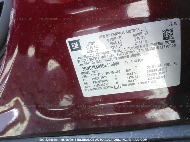 3GNCJKSB9GL115009 - 2016 CHEVROLET TRAX LS BURGUNDY photo 9