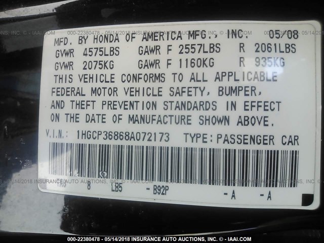 1HGCP36868A072173 - 2008 HONDA ACCORD EXL BLACK photo 9