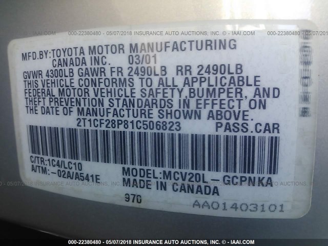 2T1CF28P81C506823 - 2001 TOYOTA CAMRY SOLARA SE/SLE Gümüş foto 9