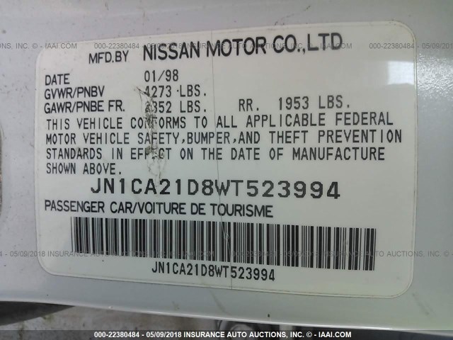 JN1CA21D8WT523994 - 1998 NISSAN MAXIMA GLE/GXE/SE WHITE photo 9