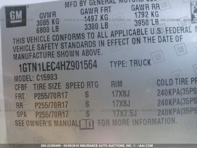 1GTN1LEC4HZ901564 - 2017 GMC SIERRA C1500 WHITE photo 9