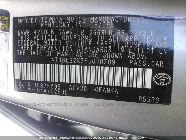 4T1BE32K75U610709 - 2005 TOYOTA CAMRY LE/XLE/SE ვერცხლისფერი ფოტო 9