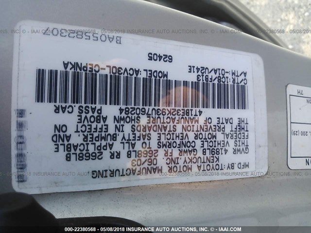 4T1BE32K93U760284 - 2003 TOYOTA CAMRY LE/XLE/SE 银色 照片 9