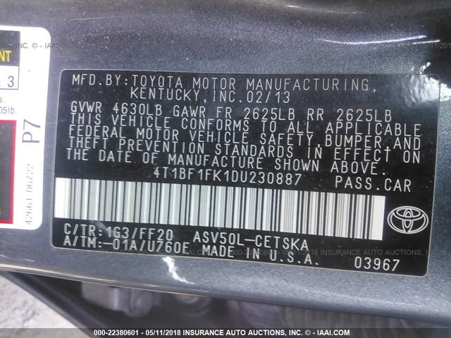 4T1BF1FK1DU230887 - 2013 TOYOTA CAMRY L/SE/LE/XLE GRAY photo 9