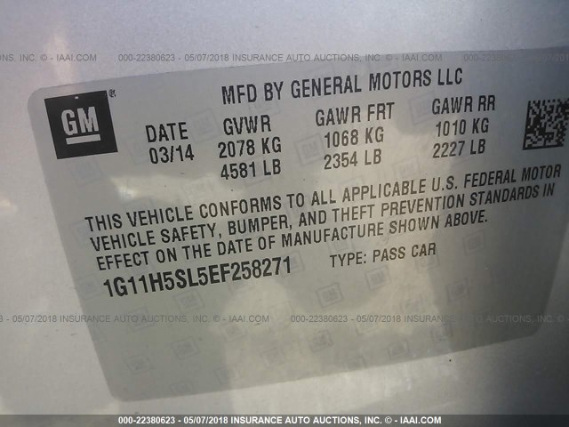 1G11H5SL5EF258271 - 2014 CHEVROLET MALIBU LTZ 银色 照片 9