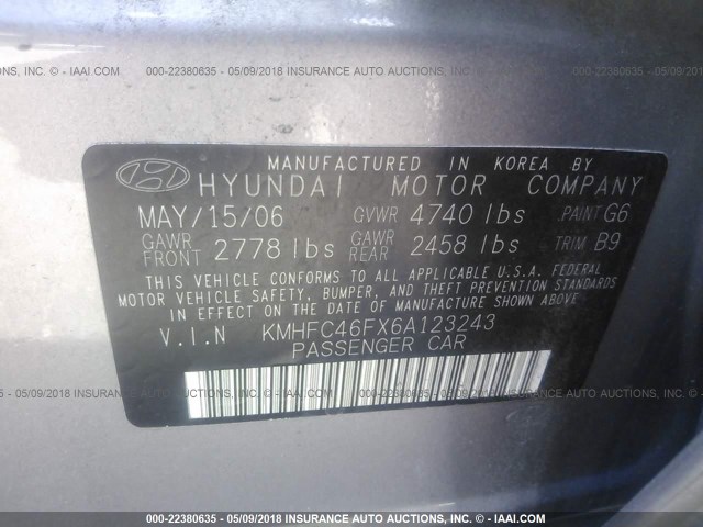 KMHFC46FX6A123243 - 2006 HYUNDAI AZERA SE/LIMITED GRAY photo 9