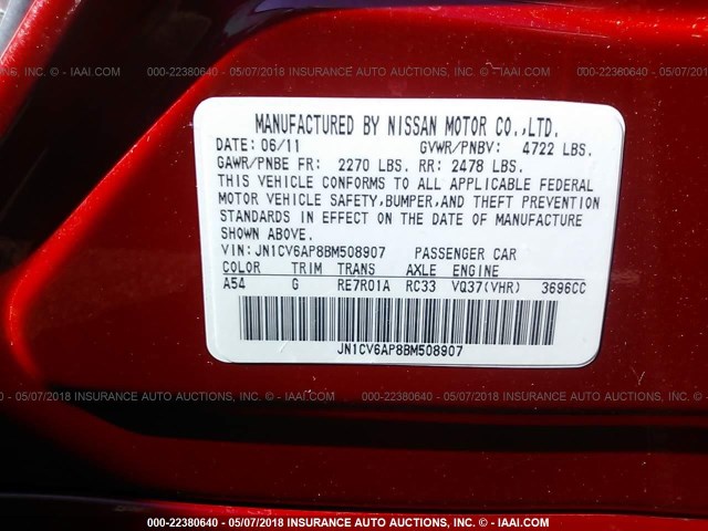 JN1CV6AP8BM508907 - 2011 INFINITI G37 SPORT RED photo 9