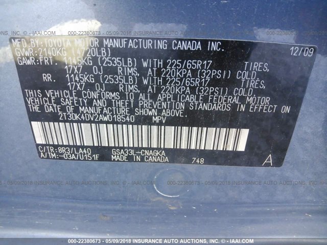 2T3DK4DV2AW018540 - 2010 TOYOTA RAV4 LIMITED Mavi foto 9