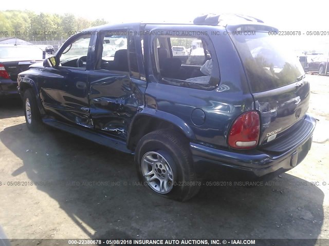 1B4HS48N42F208366 - 2002 DODGE DURANGO SLT BLUE photo 3