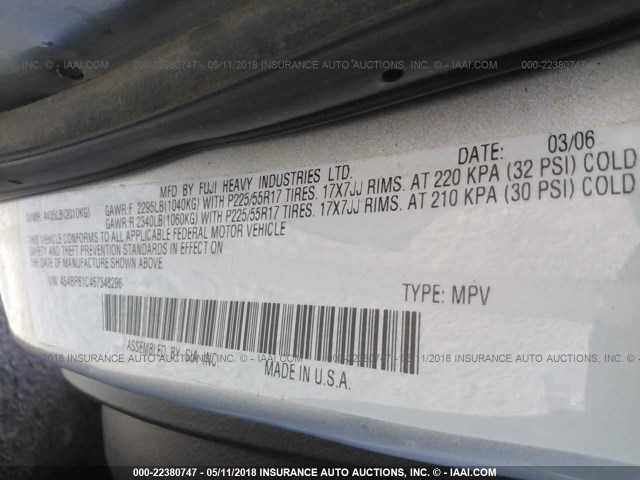 4S4BP61C467348296 - 2006 SUBARU LEGACY OUTBACK 2.5I SILVER photo 9