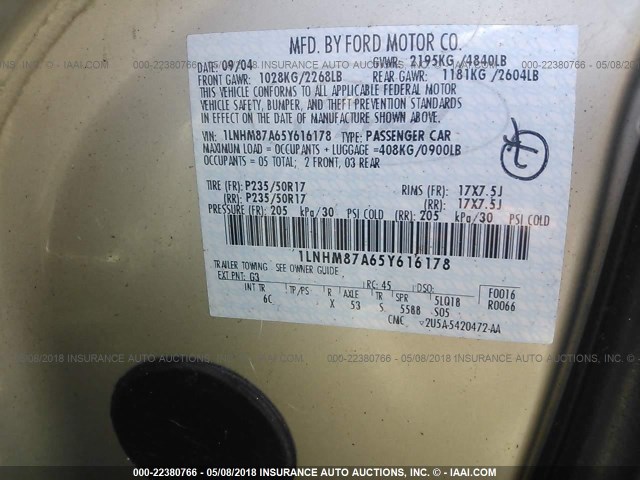 1LNHM87A65Y616178 - 2005 LINCOLN LS 米色 照片 9