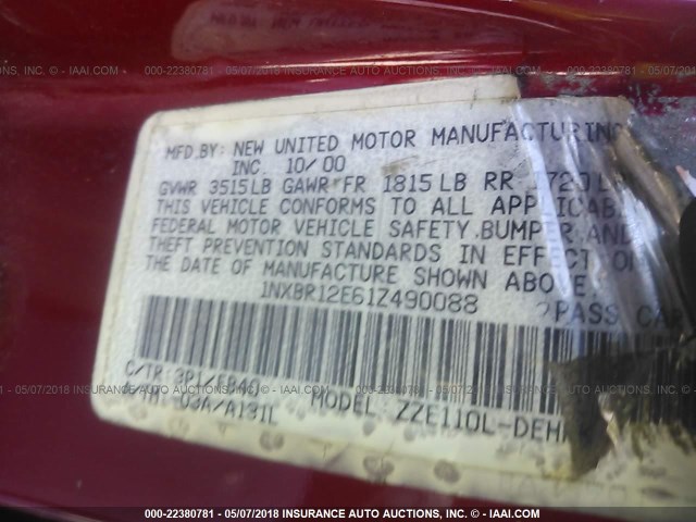 1NXBR12E61Z490088 - 2001 TOYOTA COROLLA CE/LE/S RED photo 9