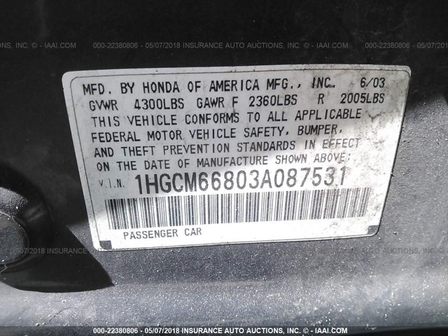 1HGCM66803A087531 - 2003 HONDA ACCORD EX GRAY photo 9