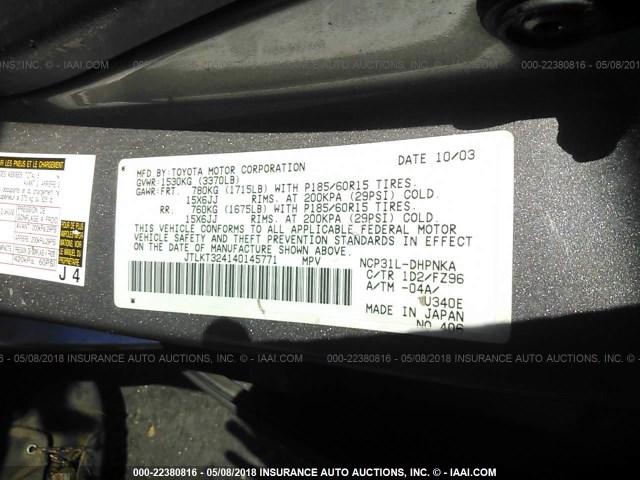 JTLKT324140145771 - 2004 TOYOTA SCION XB SILVER photo 9