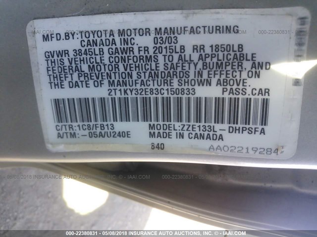2T1KY32E83C150833 - 2003 TOYOTA COROLLA MATRIX XRS SILVER photo 9