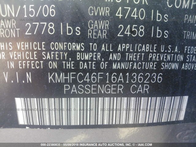 KMHFC46F16A136236 - 2006 HYUNDAI AZERA SE/LIMITED GRAY photo 9