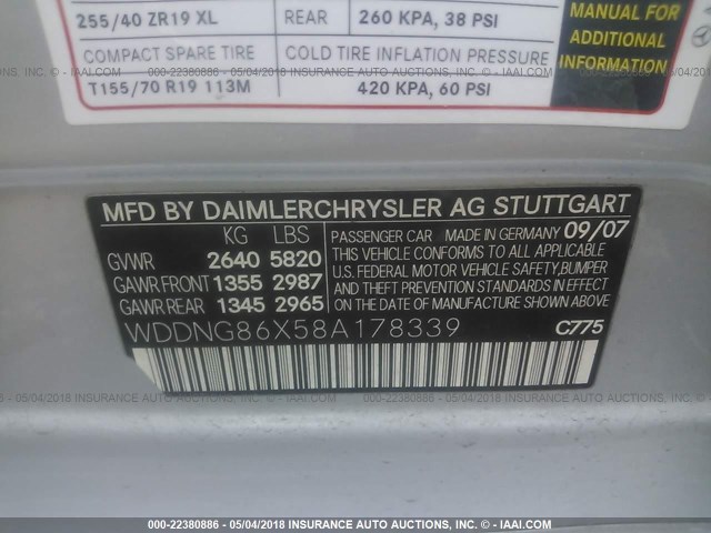 WDDNG86X58A178339 - 2008 MERCEDES-BENZ S 550 4MATIC SILVER photo 9