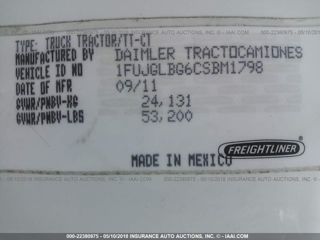 1FUJGLBG6CSBM1798 - 2012 FREIGHTLINER CASCADIA 125  WHITE photo 10