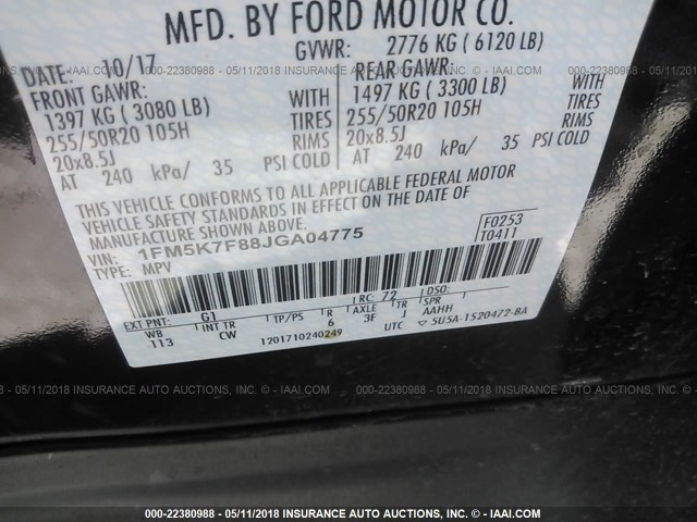 1FM5K7F88JGA04775 - 2018 FORD EXPLORER LIMITED 黑色 照片 9