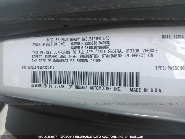 4S3BL676654220417 - 2005 SUBARU LEGACY GT LIMITED SILVER photo 9