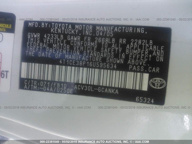 4T1CE38P16U595634 - 2006 TOYOTA CAMRY SOLARA SE/SLE თეთრი ფოტო 9