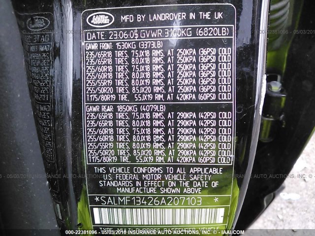 SALMF13426A207103 - 2006 LAND ROVER RANGE ROVER SUPERCHARGED BLACK photo 9