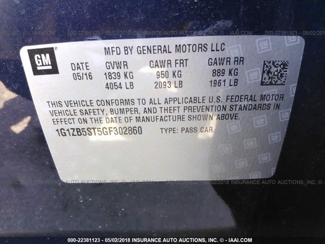 1G1ZB5ST5GF302860 - 2016 CHEVROLET MALIBU LS 蓝色 照片 9