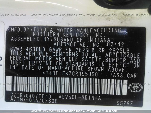 4T4BF1FK7CR195390 - 2012 TOYOTA CAMRY SE/LE/XLE WHITE photo 9