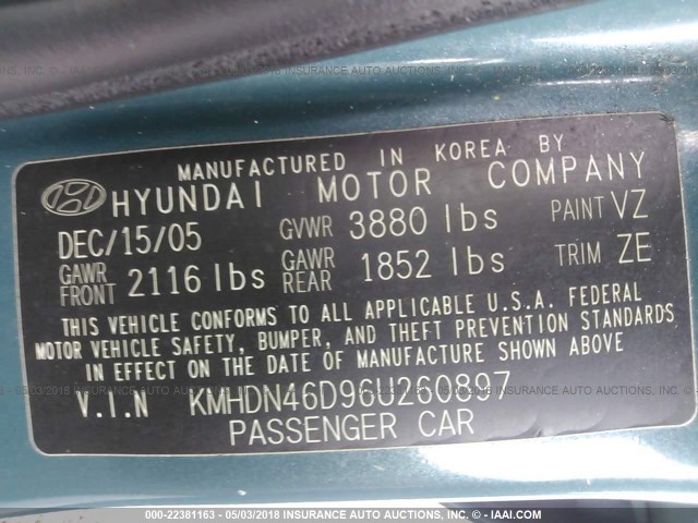 KMHDN46D96U260897 - 2006 HYUNDAI ELANTRA GLS/GT/LIMITED TURQUOISE photo 9