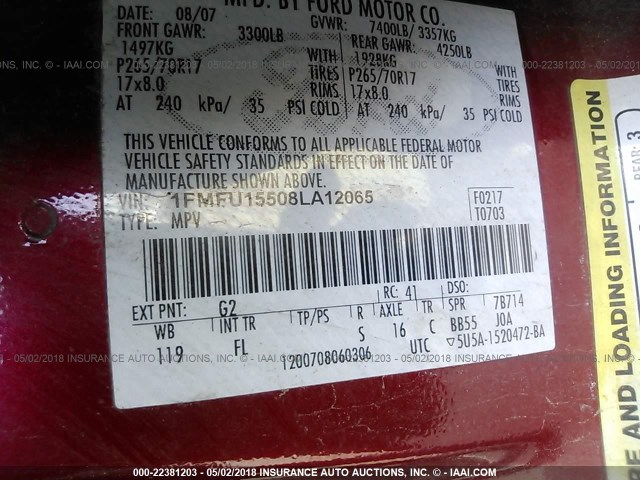 1FMFU15508LA12065 - 2008 FORD EXPEDITION XLT RED photo 9