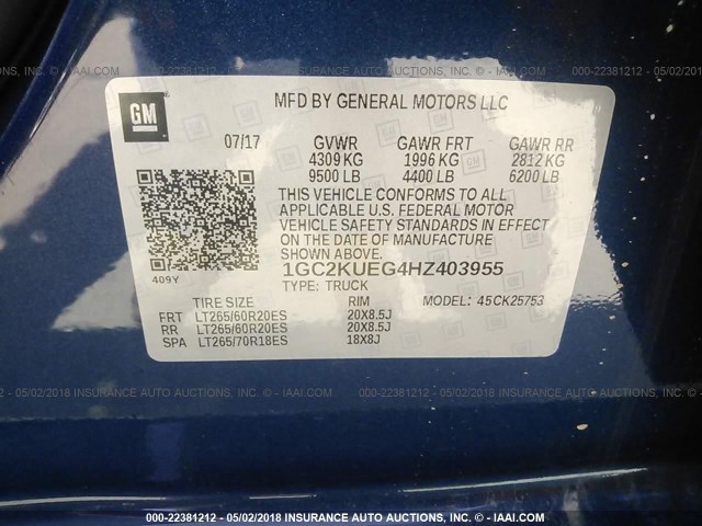 1GC2KUEG4HZ403955 - 2017 CHEVROLET SILVERADO K2500 HEAVY DUTY BLUE photo 9