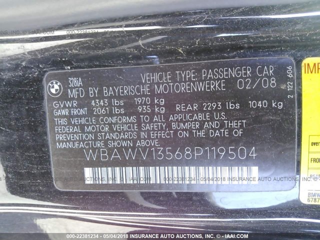 WBAWV13568P119504 - 2008 BMW 328 I SULEV BLACK photo 9