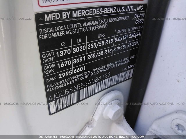 4JGCB65E58A084123 - 2008 MERCEDES-BENZ R 350 WHITE photo 9