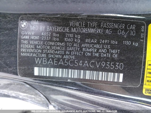 WBAEA5C54ACV93530 - 2010 BMW 650 I Qara foto 9