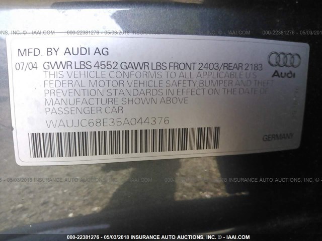 WAUJC68E35A044376 - 2005 AUDI A4 1.8T/1.8T SPECIAL GRAY photo 9