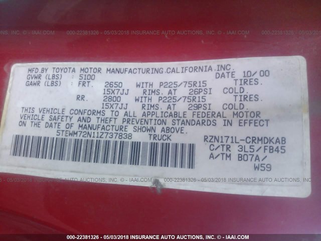 5TEWM72N11Z737838 - 2001 TOYOTA TACOMA XTRACAB RED photo 9