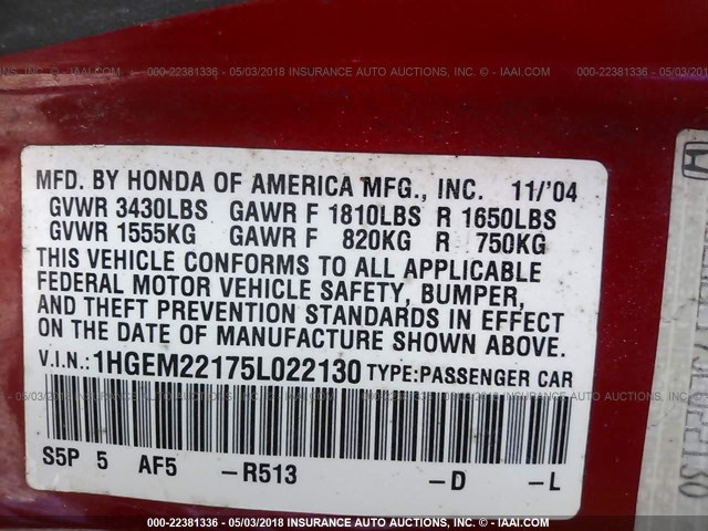 1HGEM22175L022130 - 2005 HONDA CIVIC DX VP RED photo 9