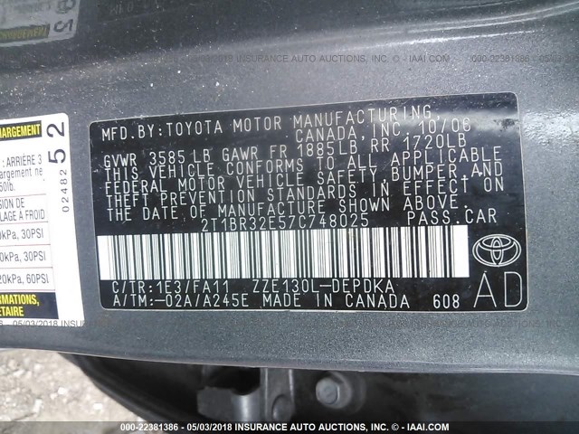 2T1BR32E57C748025 - 2007 TOYOTA COROLLA CE/LE/S GRAY photo 9