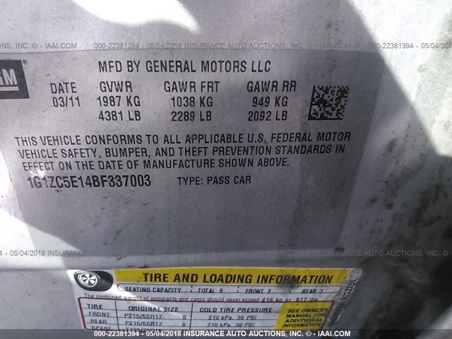 1G1ZC5E14BF337003 - 2011 CHEVROLET MALIBU 1LT 银色 照片 9