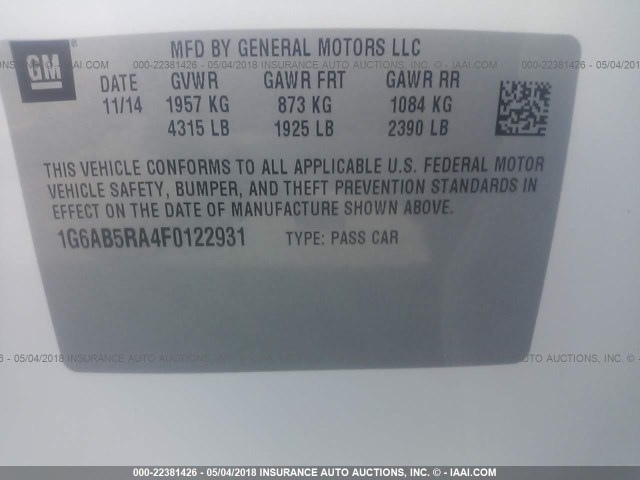 1G6AB5RA4F0122931 - 2015 CADILLAC ATS LUXURY WHITE photo 9