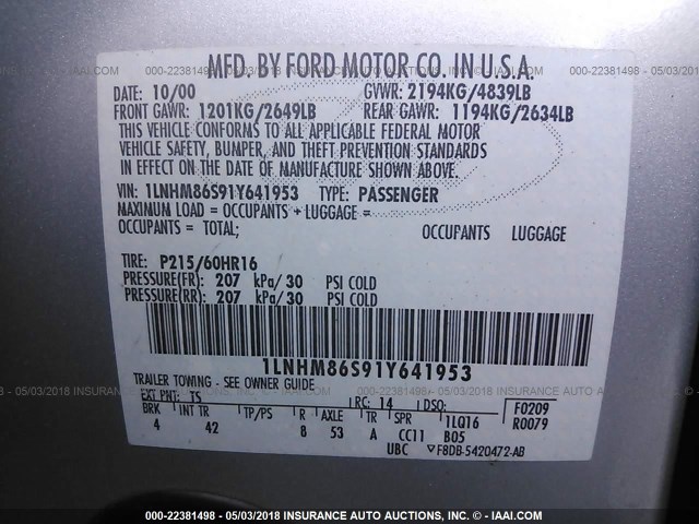 1LNHM86S91Y641953 - 2001 LINCOLN LS SILVER photo 9