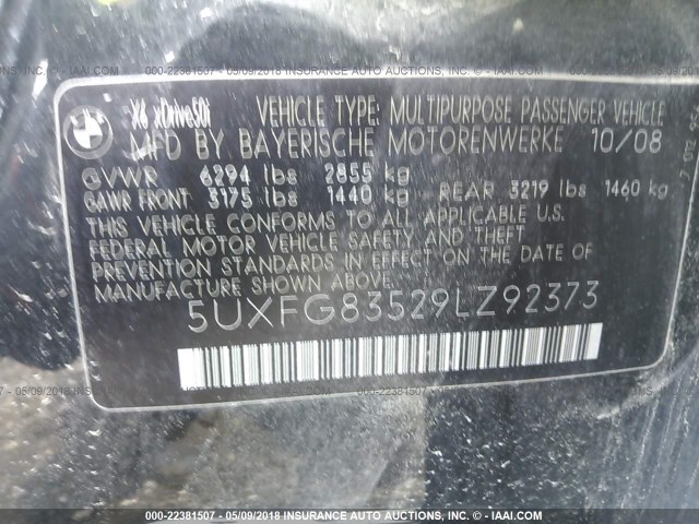 5UXFG83529LZ92373 - 2009 BMW X6 BLACK photo 9