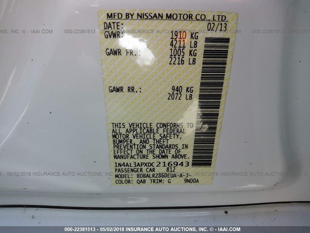 1N4AL3APXDC216943 - 2013 NISSAN ALTIMA 2.5/S/SV/SL WHITE photo 9