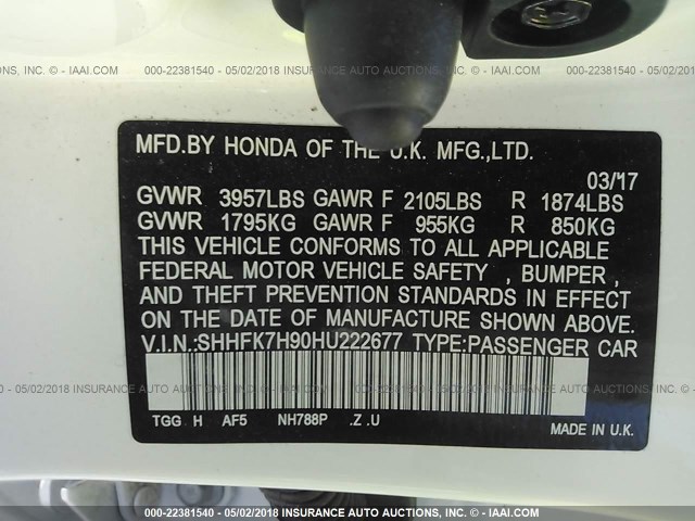 SHHFK7H90HU222677 - 2017 HONDA CIVIC SPORT TOURING WHITE photo 9