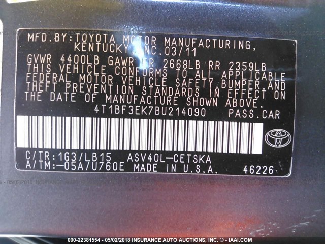 4T1BF3EK7BU214090 - 2011 TOYOTA CAMRY SE/LE/XLE GRAY photo 9
