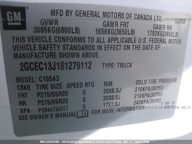 2GCEC13J181279112 - 2008 CHEVROLET SILVERADO C1500 WHITE photo 9