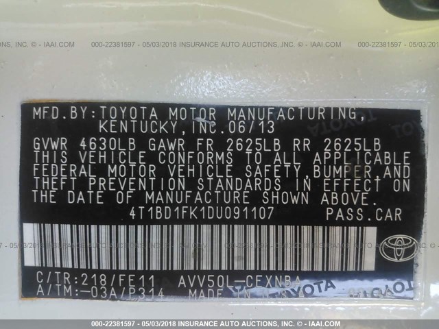 4T1BD1FK1DU091107 - 2013 TOYOTA CAMRY HYBRID/LE/XLE 白色 照片 9