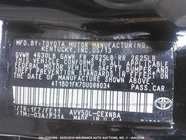 4T1BD1FK7DU088034 - 2013 TOYOTA CAMRY HYBRID/LE/XLE BLACK photo 9