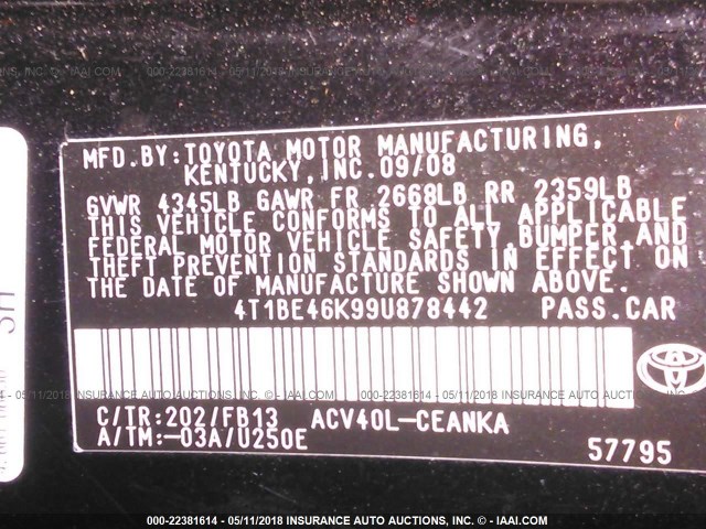 4T1BE46K99U878442 - 2009 TOYOTA CAMRY SE/LE/XLE BLACK photo 9